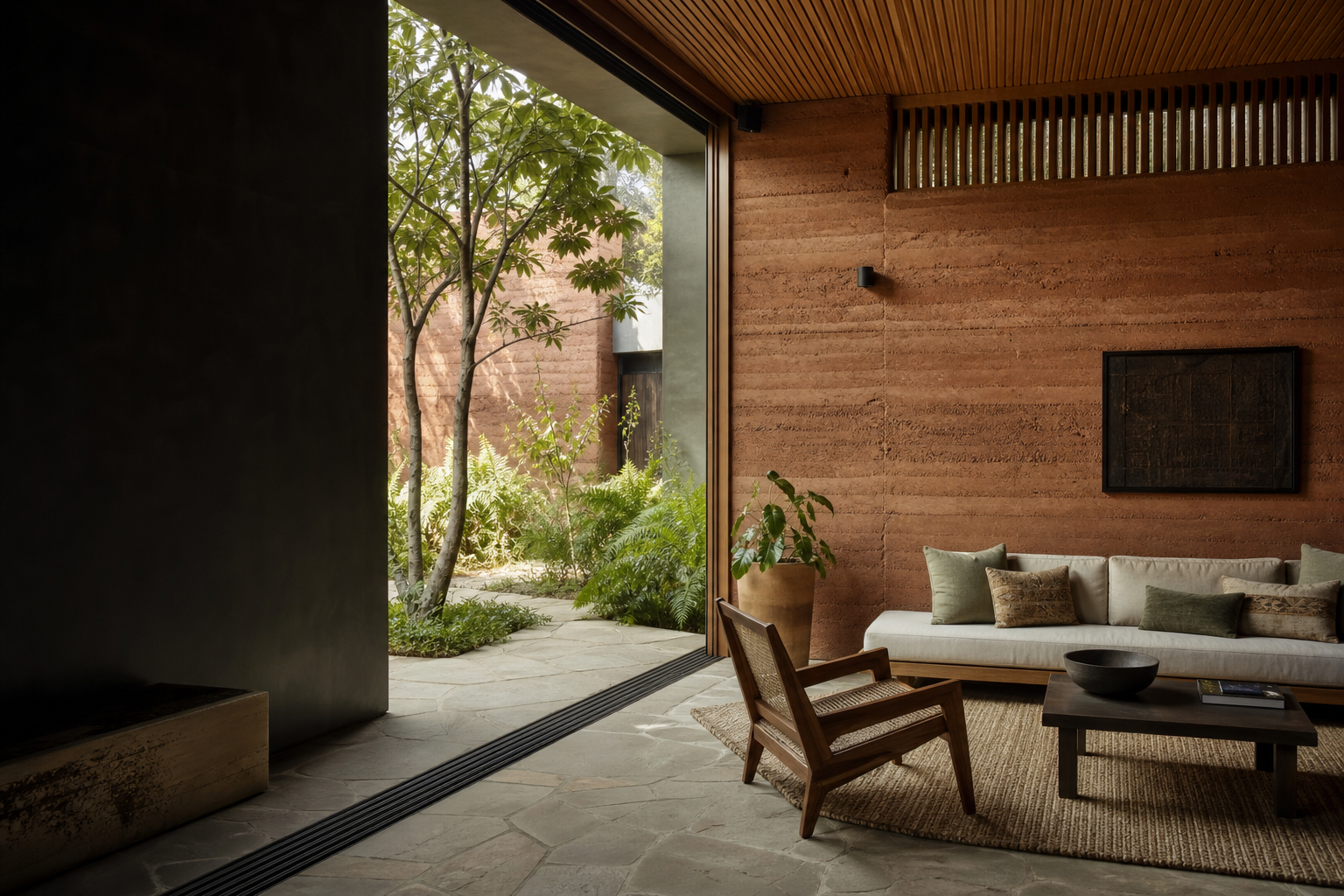 A contemporary living space shaped by earth, timber, stone and natural fibre